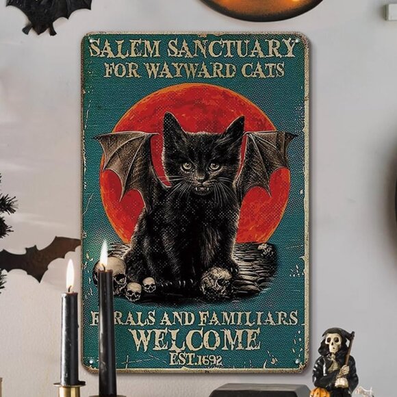 NWT SALEM Sanctuary for Wayward Cats 8x12 Tin Halloween Decor Sign - Picture 1 of 5